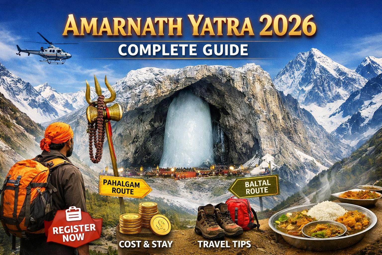 “Amarnath Yatra 2026 complete guide showing Amarnath cave, routes, cost and travel tips for pilgrims